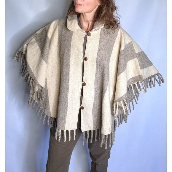 VTG Fringed Wool Poncho Blanket Coat - Southwestern Navajo Oversized Ethnic Boho - Picture 5 of 8